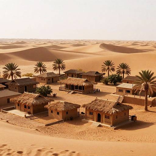 Desert Oasis Village with Wooden Thatched Houses
