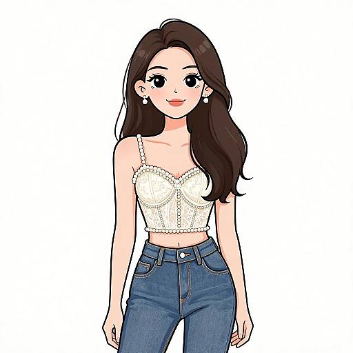 Digital anime-style drawing of a young woman with long dark hair, wearing a white lace crop top and blue jeans, smiling.