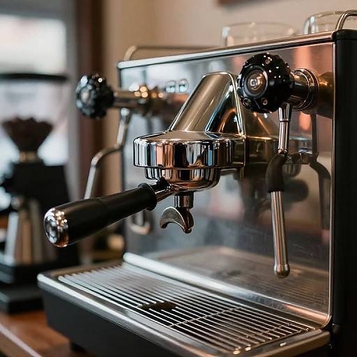 Close-up photograph of a shiny, stainless steel espresso machine with black handles, in a softly lit, blurred café background.