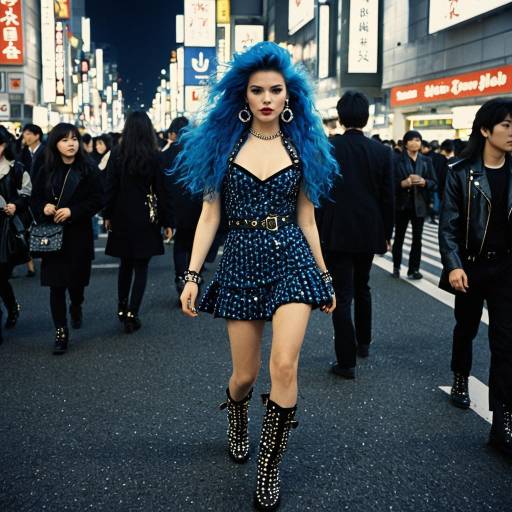 Glam Metal Woman with Electric Blue Hair in Tokyo