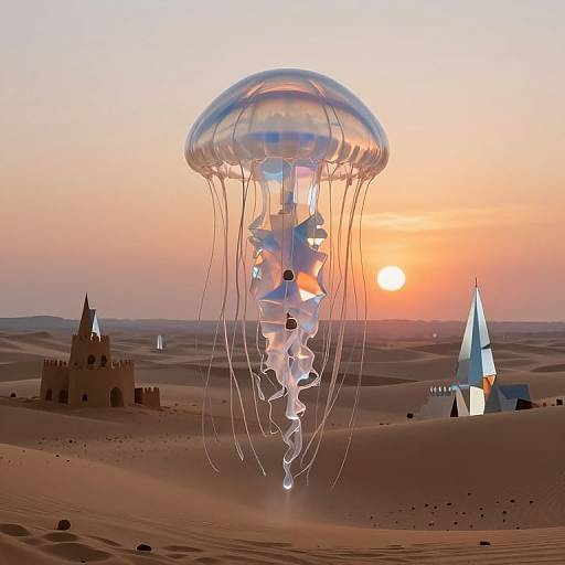 Photorealistic CGI: A glowing jellyfish hovers over a desert sunset with a castle and pyramid, orange sky, and distant mountains.