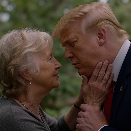 Photograph of an elderly white woman gently touching the face of a white man with blond hair, both looking intently at each other outdoors.