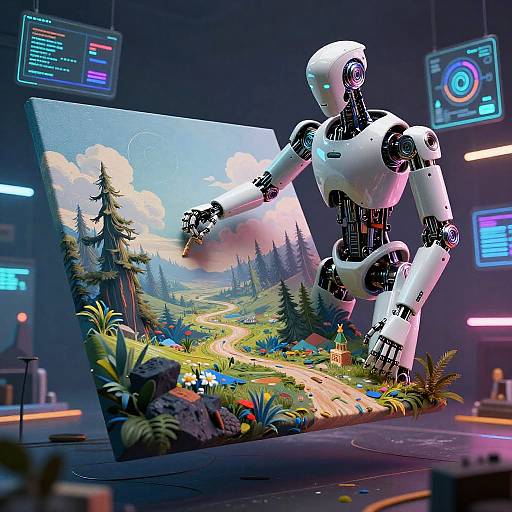 CGI illustration of a white robotic figure painting a vibrant, detailed landscape with mountains, trees, and a winding path in a futuristic lab with neon screens