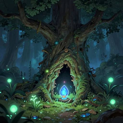 Digital artwork: A glowing blue teardrop-shaped light illuminates a mystical forest scene, nestled within the twisted, vine-covered entrance of a large,