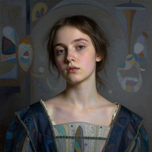 Photorealistic digital painting of a young woman with fair skin and brown hair, wearing a Renaissance-style dress, set against a colorful abstract background.