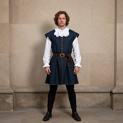 Photograph of a man with curly brown hair, wearing a white shirt, navy sleeveless tunic, black pants, brown belt, and black boots