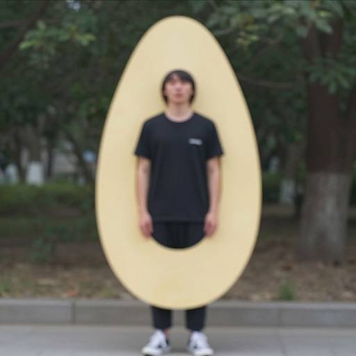 Photograph of a person with short black hair, wearing a black t-shirt and black pants, standing in front of a glowing yellow oval light, outdoors