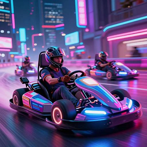 Neon-lit, futuristic city street night scene: three go-kart drivers in glowing, colorful helmets speed through vibrant, illuminated urban landscape.