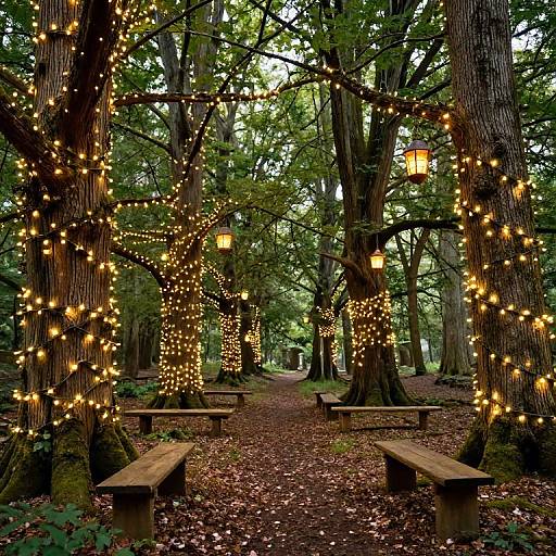 Photograph of a forest path adorned with warm, yellow fairy lights and hanging lanterns, flanked by wooden benches and tall trees.