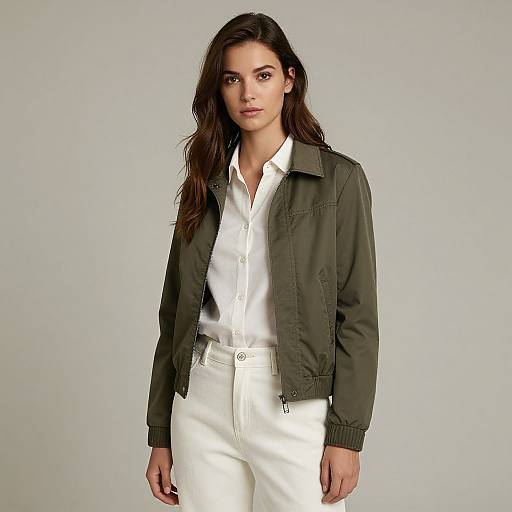 Photograph of a young woman with long brown hair, wearing an olive green jacket over a white button-up shirt and white pants, standing against a plain