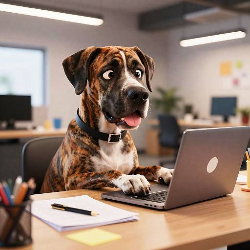 Cheerful Brindle Great Dane Office Scene