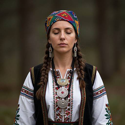 Photograph of a young woman with closed eyes, wearing traditional Eastern European folk attire, featuring a colorful headscarf, intricate embroidered blouse, and detailed