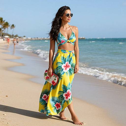 Photograph of a dark-haired woman in a colorful floral bikini and skirt, holding a clutch, walking on a sunny beach with turquoise waves and palm trees