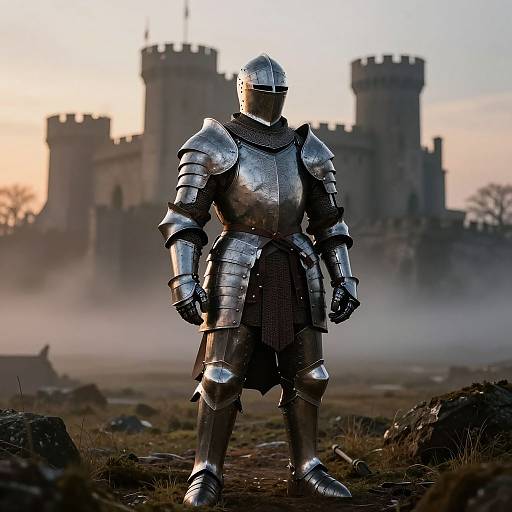 Photograph of a medieval knight in full silver armor standing in a misty field at dawn, with a castle in the background.