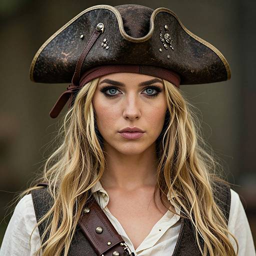 Photograph of a blonde woman with blue eyes, wearing a worn tricorn pirate hat, white shirt, and brown vest, with a serious expression.