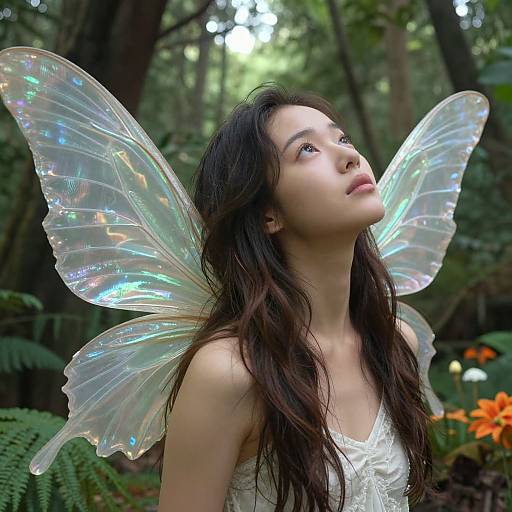 Photograph of an Asian woman with long, dark hair and iridescent, fairy-like wings in a lush, green forest. She wears a white