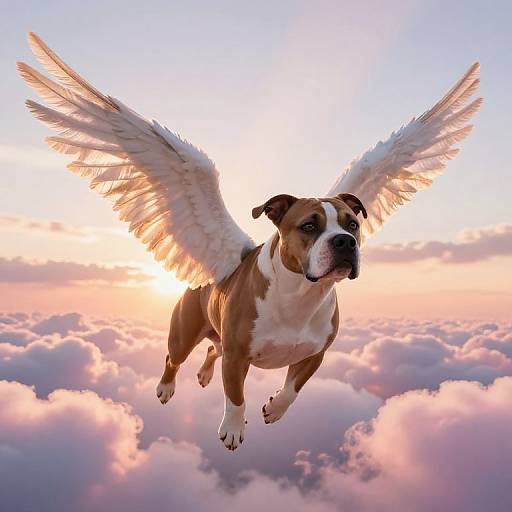 Photograph of a brown and white bulldog with large white wings, soaring above a pink and orange sunset-lit cloud sky.