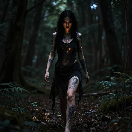 Mysterious Tattooed Woman in Dark Forest