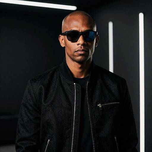 Bald Man with Sunglasses in Modern Dark Room