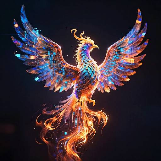 Digital art of a vibrant, fiery phoenix with glowing blue, orange, and yellow feathers, spread wings, and intricate, pixelated patterns against a dark