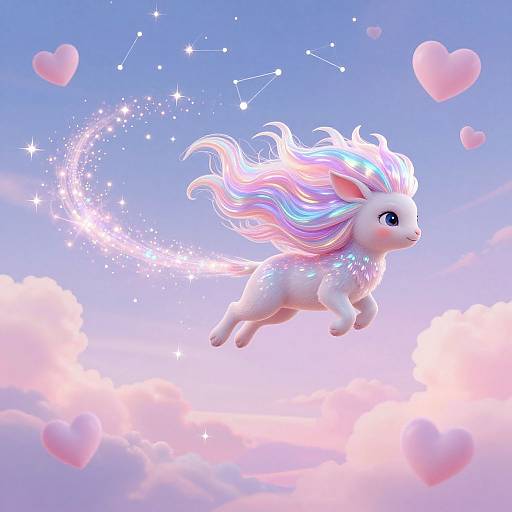 Digital artwork of a magical white, pink-maned, sparkling unicorn with blue eyes, floating amidst pink hearts and stars in a pastel sky.