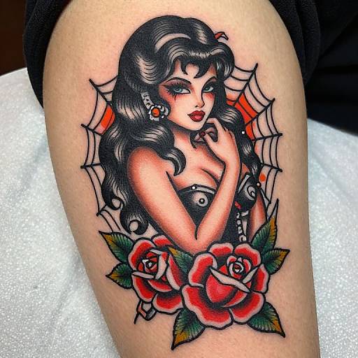 Tattoo of a sultry, dark-haired woman with red lipstick, wearing a strapless top, surrounded by roses and a spiderweb, on