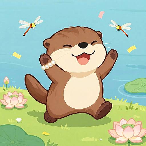 Joyful Cartoon Otter Pup Playfully Posing