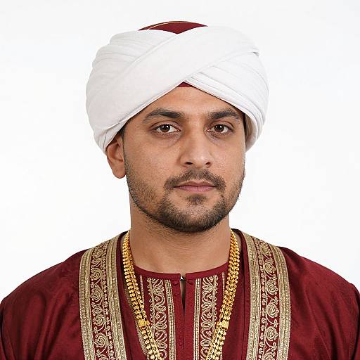 Photograph of a bearded South Asian man with medium skin, wearing a white turban, red and gold embroidered shirt, and gold chain, against