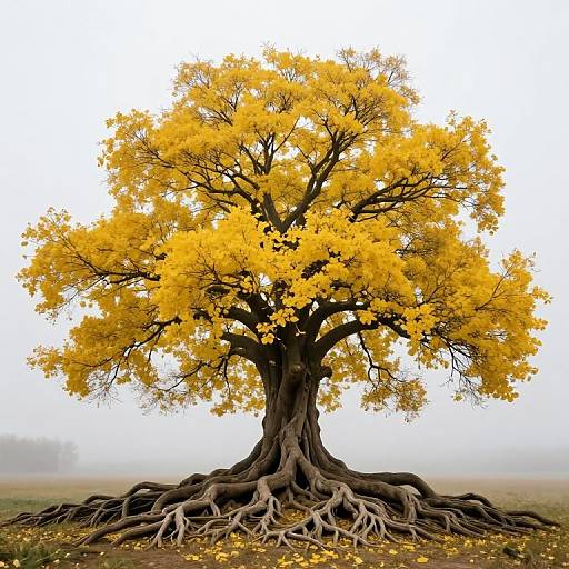 Photograph of a majestic tree with vibrant yellow autumn leaves, thick, exposed roots, standing alone in a foggy field.