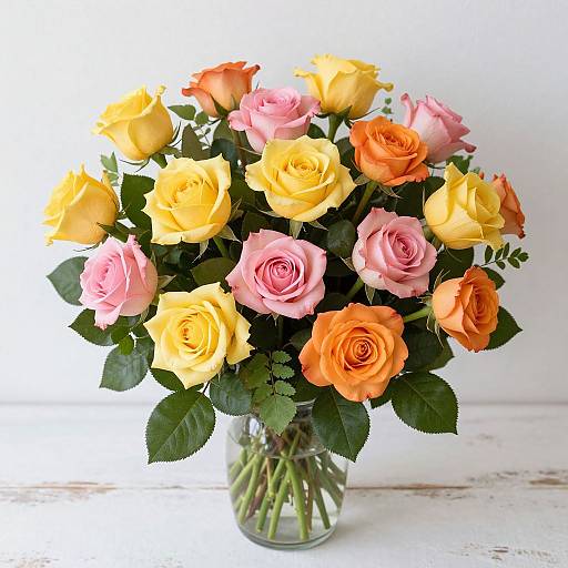 Photograph of a vibrant bouquet featuring yellow, orange, and pink roses, with lush green leaves, in a clear glass vase on a white wooden surface