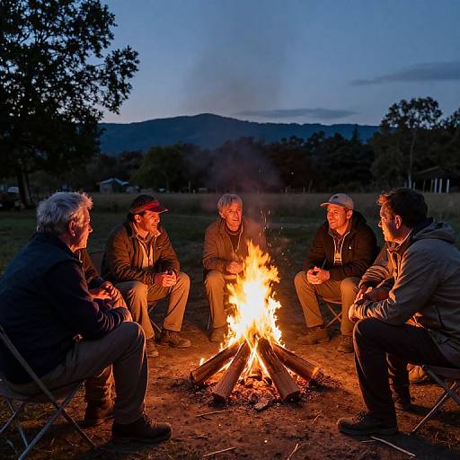 Five elderly men sit around a glowing campfire at dusk, wearing jackets and hats, in a wooded, mountainous area. Photographic image.