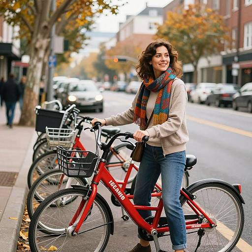 Smiling Woman Beside Red Rental Bicycles