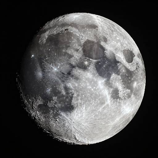 Photorealistic digital image of a bright full moon with detailed craters, dark patches, and sparkling highlights against a black sky.