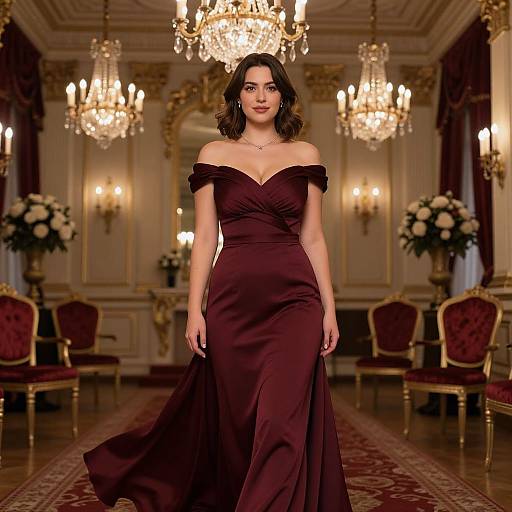 Photograph of a beautiful woman with dark hair in an off-shoulder, deep burgundy gown, walking in an opulent, chandelier-l