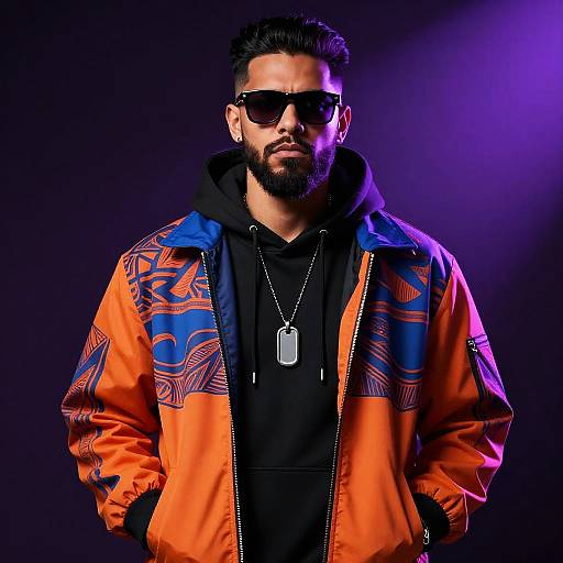 Photograph of a bearded man with dark hair, wearing black sunglasses, orange and blue patterned jacket, black hoodie, dog tag necklace, against