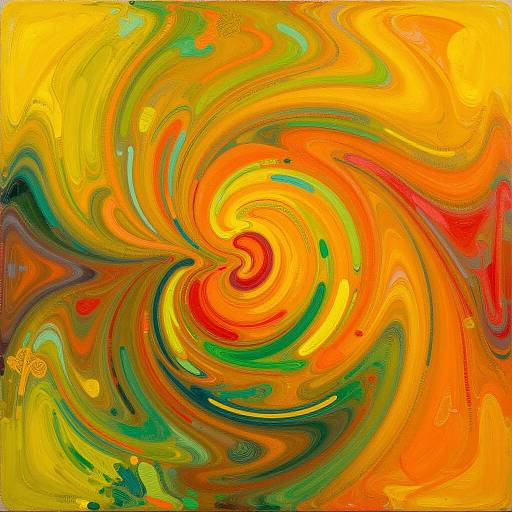 Vibrant abstract painting with swirling, marbled colors in yellow, orange, green, and red, creating a dynamic, hypnotic spiral pattern.