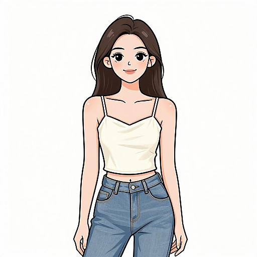 Digital drawing of a smiling young woman with long brown hair, wearing a white spaghetti strap top and blue jeans, standing against a plain white background.
