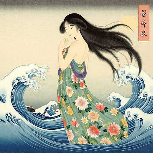 Digital art of a beautiful Asian woman with long black hair, floral dress, standing in large blue ocean waves, back turned, looking over shoulder. Japanese