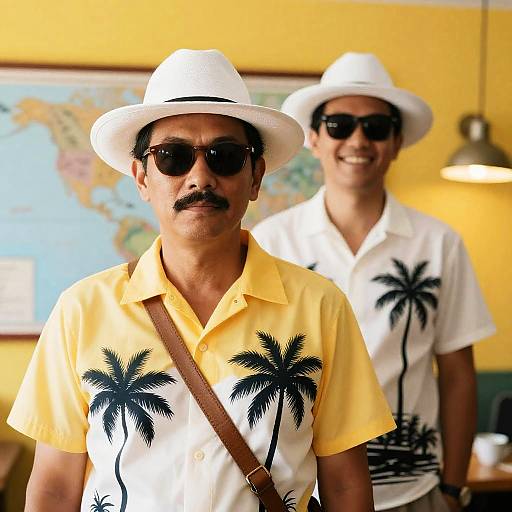 Two Men in Retro Palm Tree Shirts and White Hats