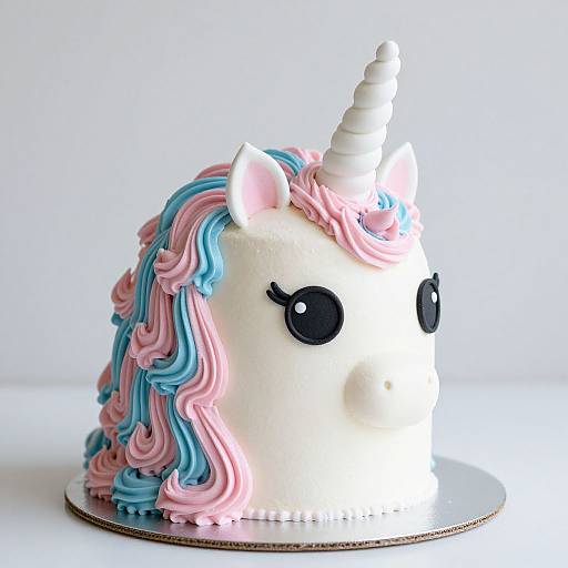 Photograph of a whimsical unicorn cake with white frosting, pink and blue piped mane, and large black eyes, standing on a silver round plate