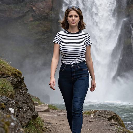 Photograph of a young woman with shoulder-length brown hair, wearing a black-and-white striped shirt, dark jeans, and sunglasses on her head, walking