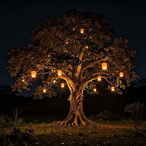 Photograph of a large tree at night, illuminated by numerous glowing orange lanterns hanging from its branches, set against a dark, starless sky.