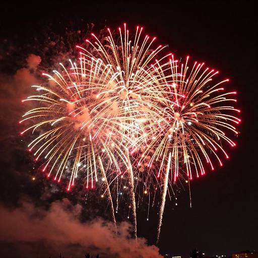 Photograph of vibrant red and gold fireworks exploding in the night sky, with scattered smoke clouds below, illuminating the dark background.