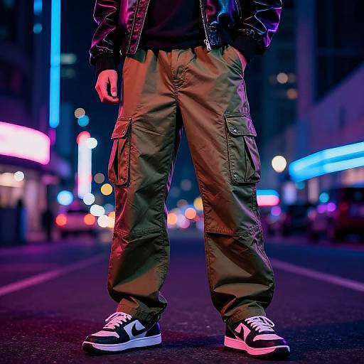 Night city street photograph, close-up of a person wearing green cargo pants, black and white sneakers, and a black jacket, with neon lights in the