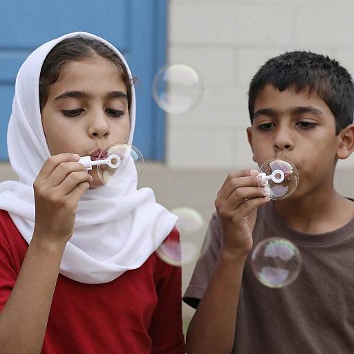 Children Captivated by Floating Soap Bubbles