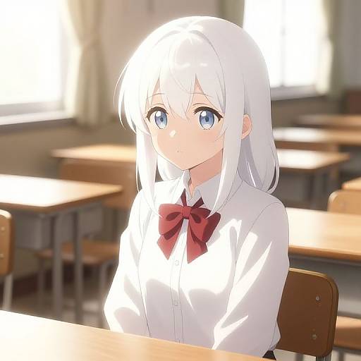 White-Haired Anime Girl in Classroom