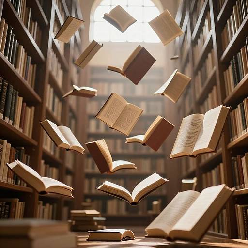 Photograph of numerous open books floating mid-air in a dimly lit, wooden library with tall bookshelves in the background.