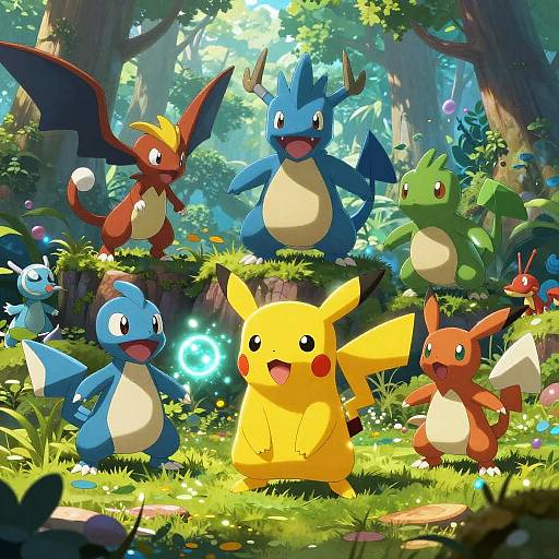 Digital illustration of seven Pokémon: Pikachu, Charmander, Squirtle, Bulbasaur, Nidoran, Vulpix, and Dr