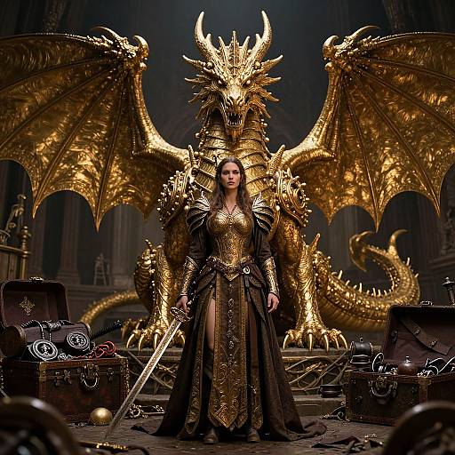 Digital artwork of a regal, golden-dragon armored woman standing before a massive, glowing golden dragon in a dark, medieval throne room.