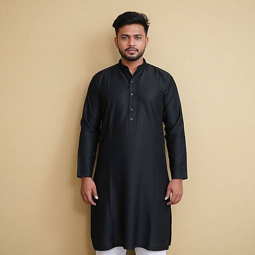 Photograph of a South Asian man with short black hair and beard, wearing a black traditional long kurta, standing against a plain yellow background.